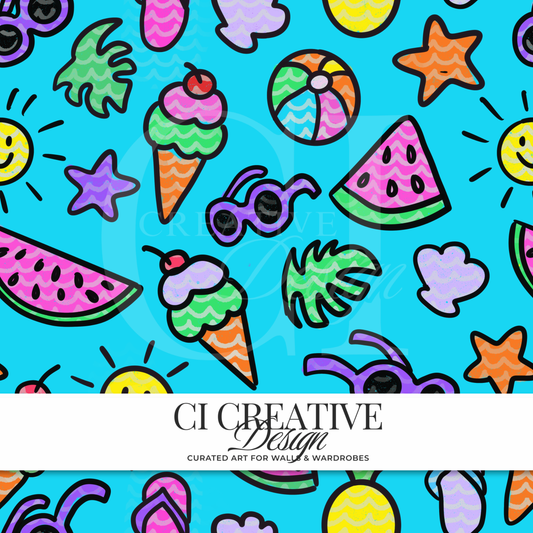 Summer Beach Doodle Seamless Pattern | Ice Cream & Watermelon Digital Download PNG