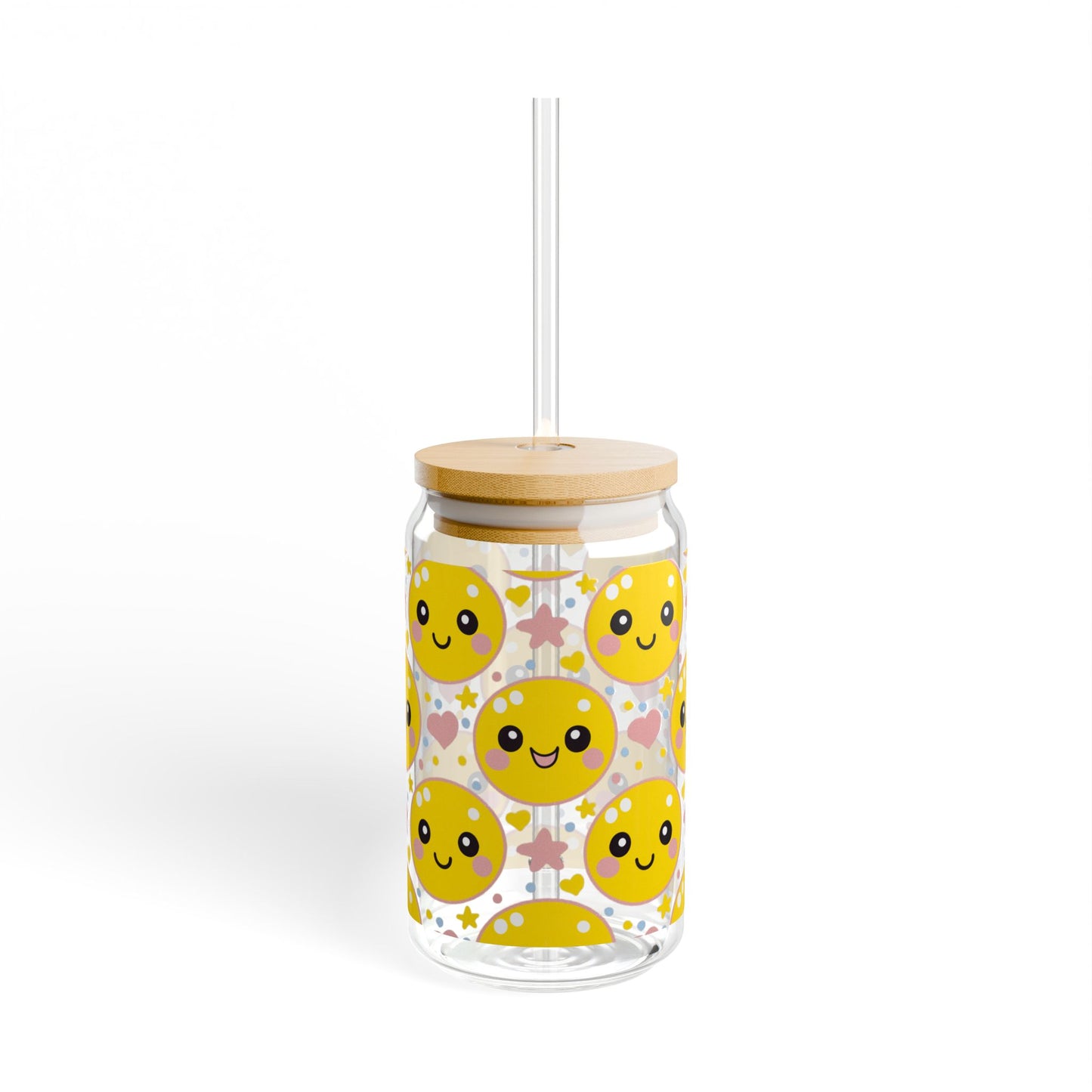 Retro Happy Face Sipper Glass | 16oz Glass Can with Bamboo Lid & Straw