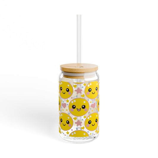 Retro Happy Face Sipper Glass | 16oz Glass Can with Bamboo Lid & Straw