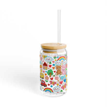 School Doodles Teacher Sipper Glass | 16oz Glass Can with Bamboo Lid & Straw