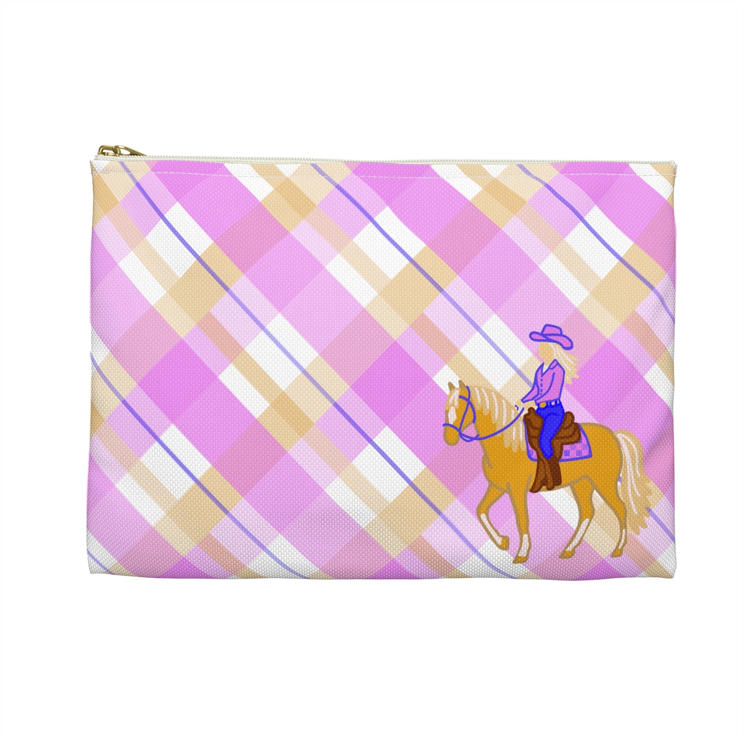 Cowgirl Plaid Accessory Pouch — Pink Plaid Horse Riding Makeup Bag