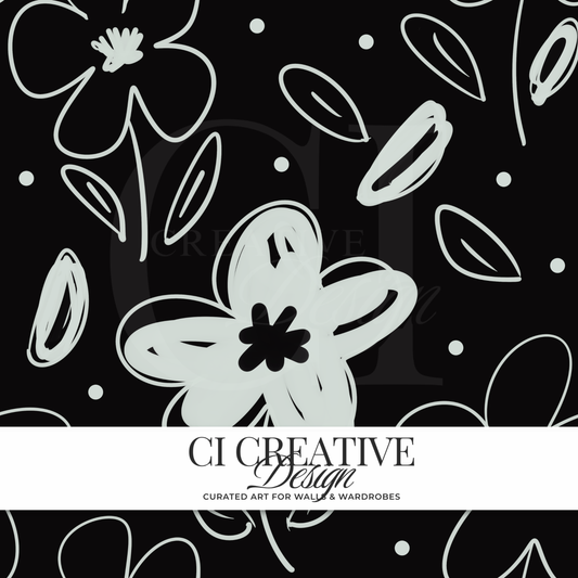 Floral Outline Seamless Pattern | Black & White Digital Download PNG
