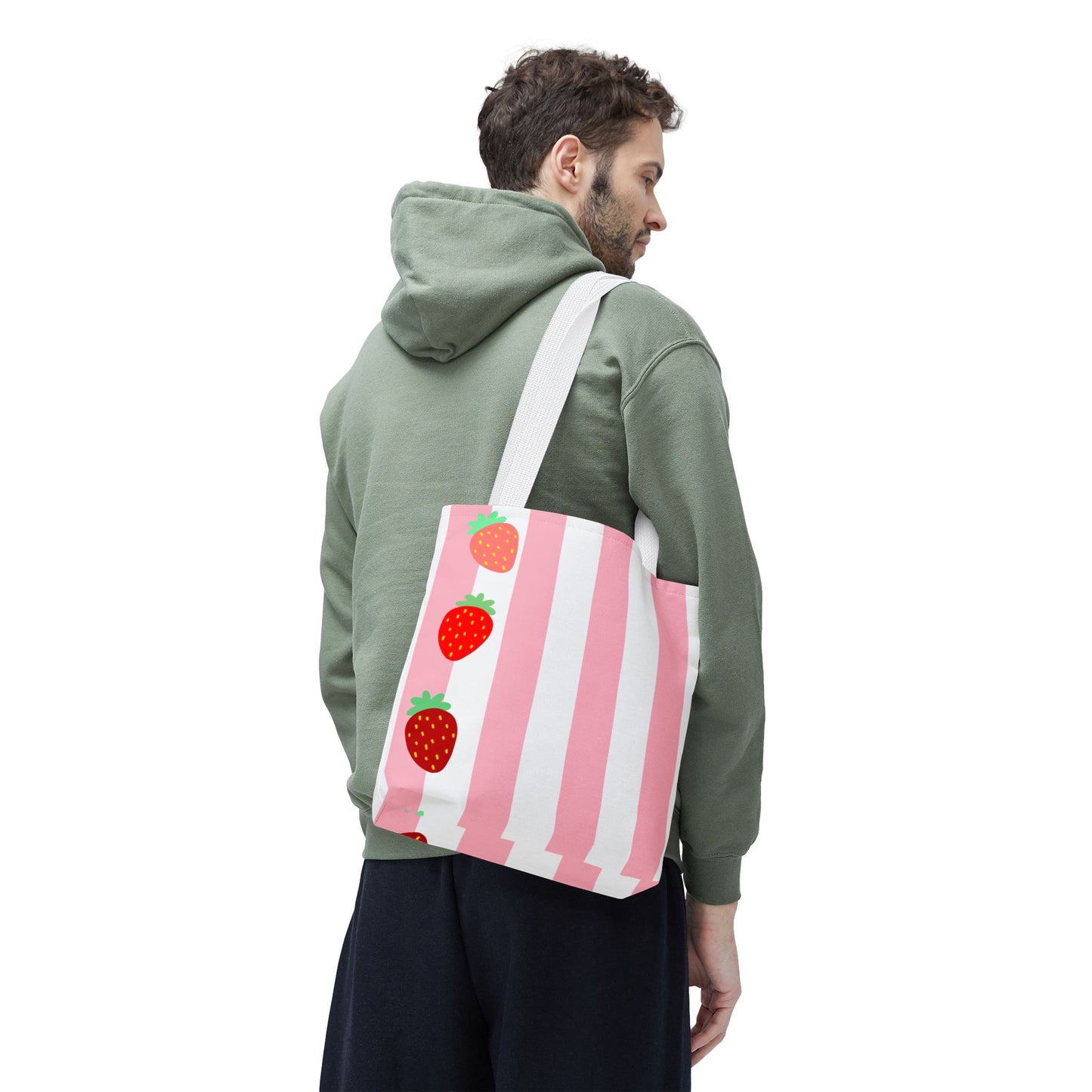 Strawberry Stripe Tote Bag With Pink Red Fruit Pattern