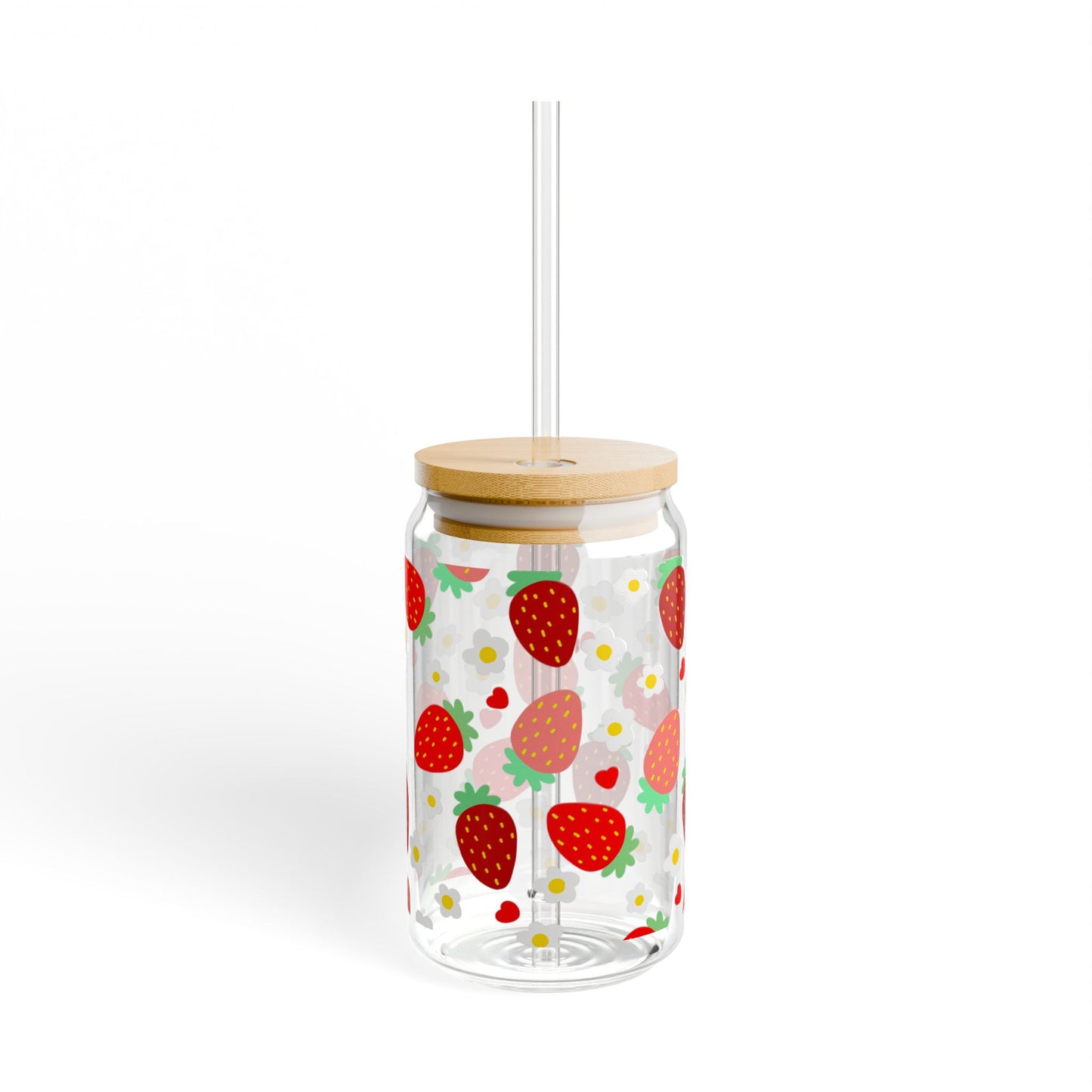 Strawberry Daisy Sipper Glass | 16oz Floral Glass Can with Bamboo Lid & Straw
