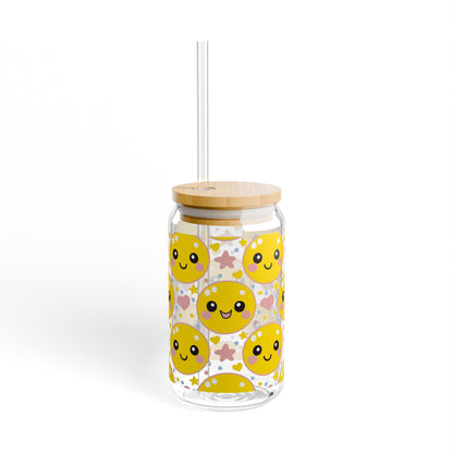 Retro Happy Face Sipper Glass | 16oz Glass Can with Bamboo Lid & Straw