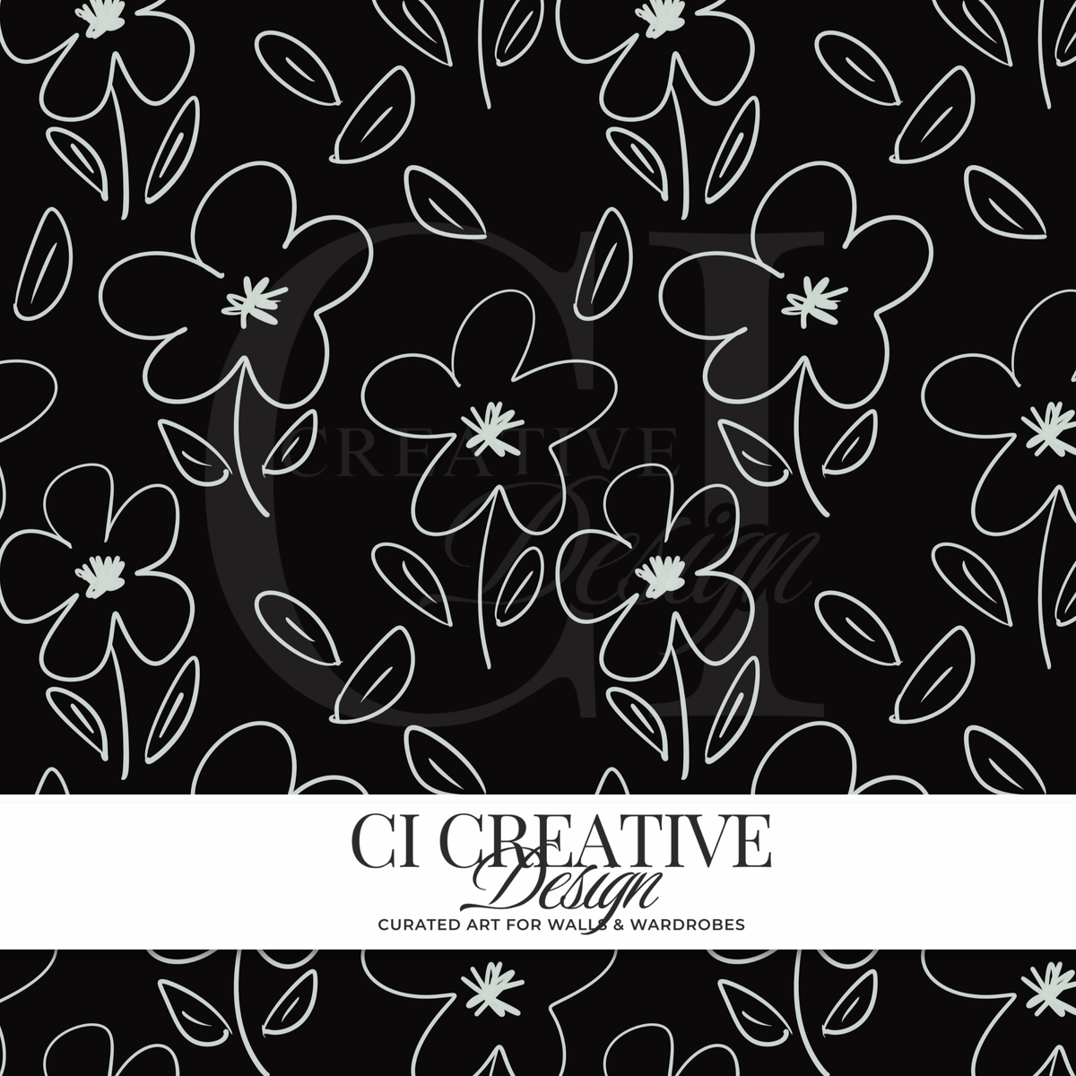 Floral Line Art Seamless Pattern | Black Background Digital Download PNG
