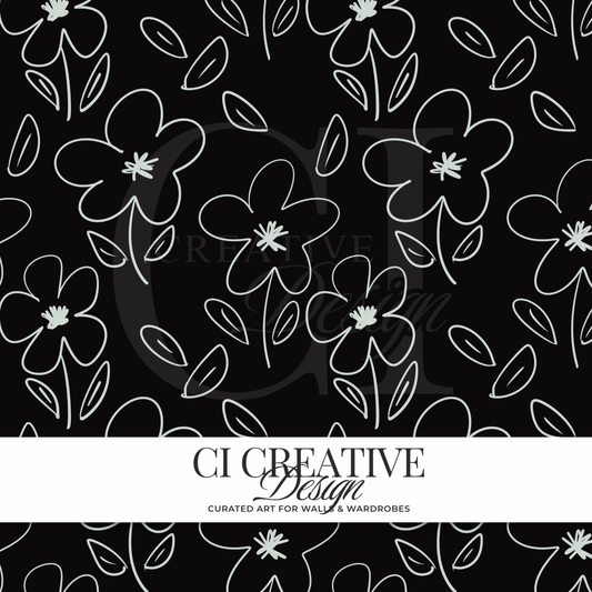 Floral Line Art Seamless Pattern | Black Background Digital Download PNG