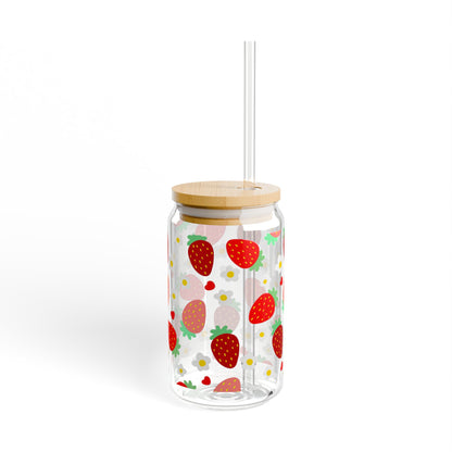 Strawberry Daisy Sipper Glass | 16oz Floral Glass Can with Bamboo Lid & Straw
