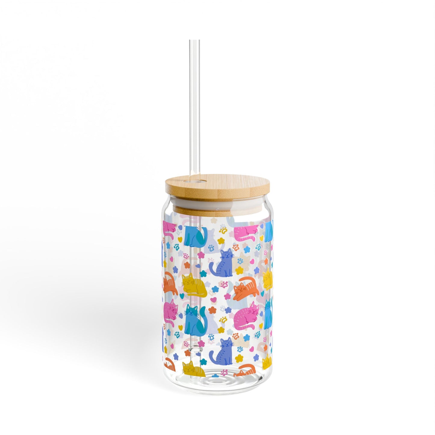 Colorful Cat Pattern Sipper Glass | 16oz Glass Can with Bamboo Lid & Straw