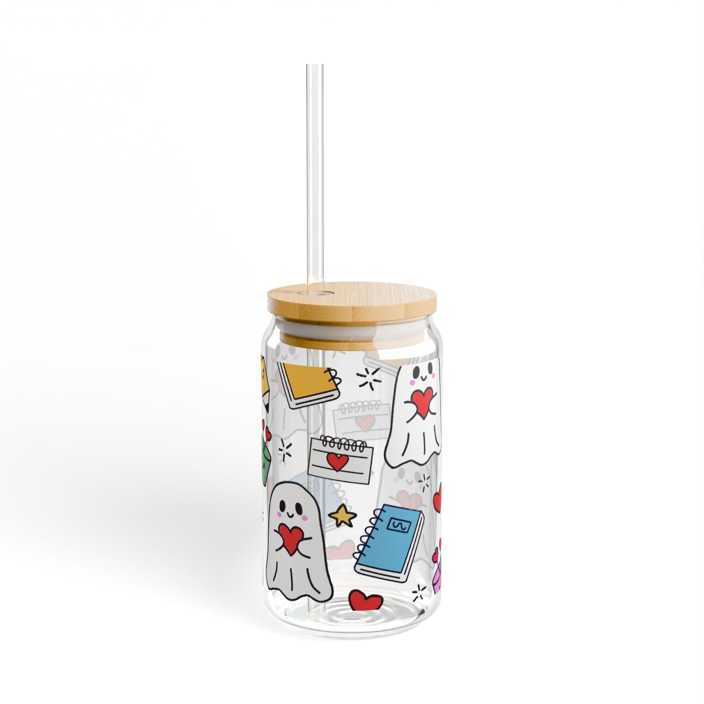 Kawaii Ghost Sipper Glass | 16oz Whimsigoth Glass Can with Bamboo Lid & Straw