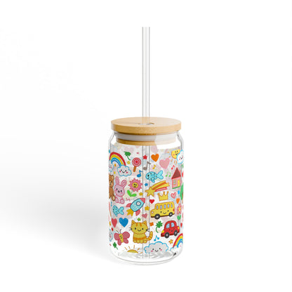 School Doodles Teacher Sipper Glass | 16oz Glass Can with Bamboo Lid & Straw