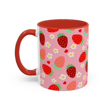 Strawberry Love Cup Ceramic Coffee Mug 11oz 15oz Pink Interior Pink Handle White With Striped Strawberry Pattern