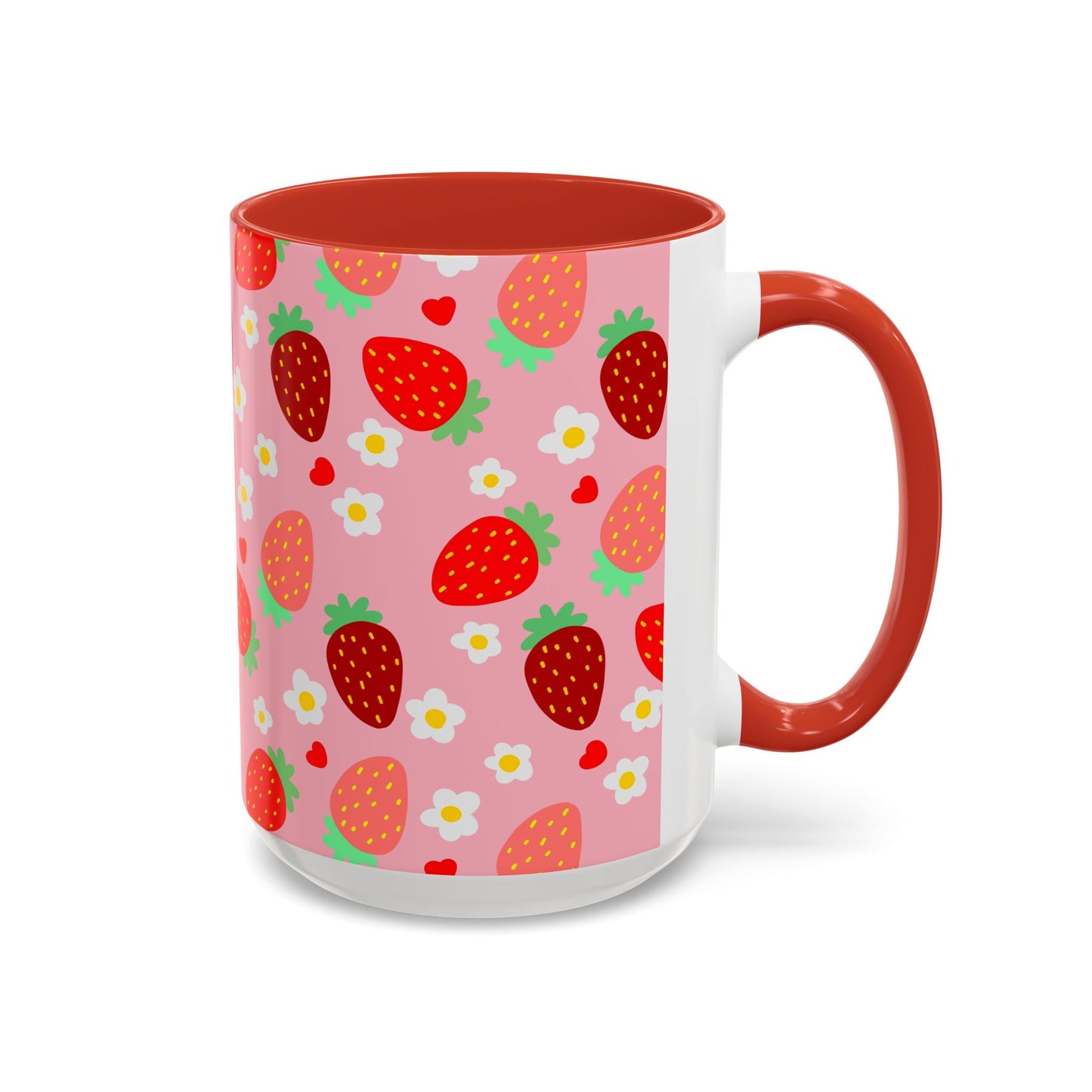 Strawberry Love Cup Ceramic Coffee Mug 11oz 15oz Pink Interior Pink Handle White With Striped Strawberry Pattern