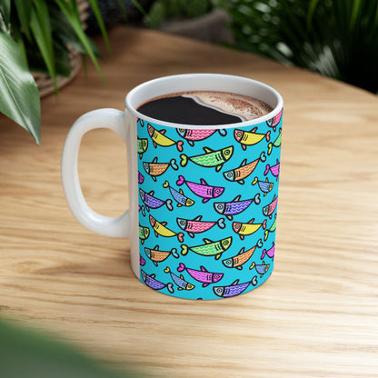 Hand Drawn Happy Fish Mug Ceramic Coffee Cup 11 Oz Glossy White Finish Artwork Gift For Coffee Lovers