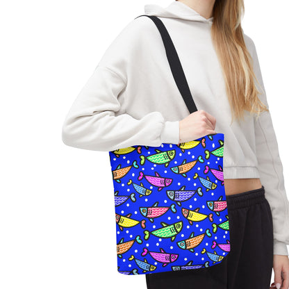 Happy Fish Tote Bag All Over Print Hand Drawn Fish Illustration Three Sizes