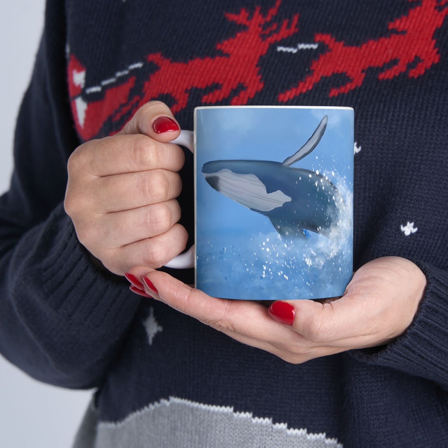 Humpback Whale Ceramic Mug For Whale Watching Coffee Cup With Frosted Ocean And Snowflake Artwork