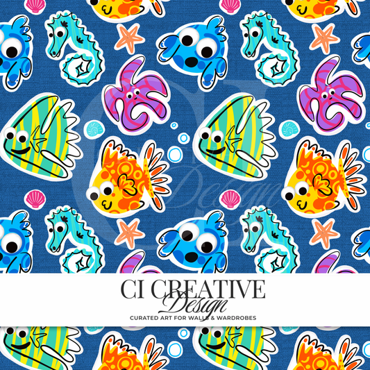Ocean Sea Creatures Seamless Pattern | Sticker Style Digital Download PNG