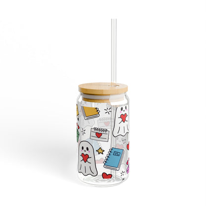 Kawaii Ghost Sipper Glass | 16oz Whimsigoth Glass Can with Bamboo Lid & Straw