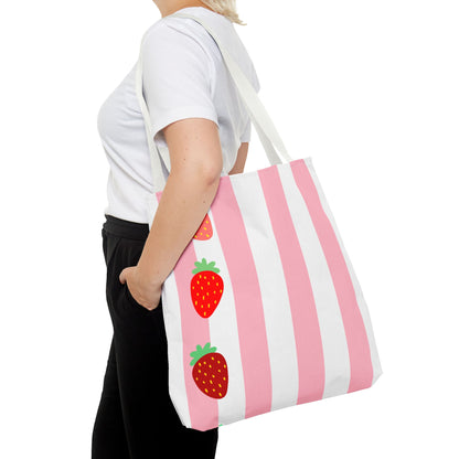 Strawberry Stripe Tote Bag With Pink Red Fruit Pattern