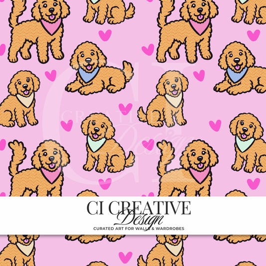 Golden Doodle Seamless Pattern | Pink Background Digital Download PNG