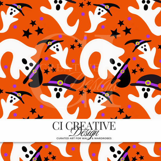 Halloween Witch Ghosts Seamless Pattern | Orange Spooky Digital Download PNG