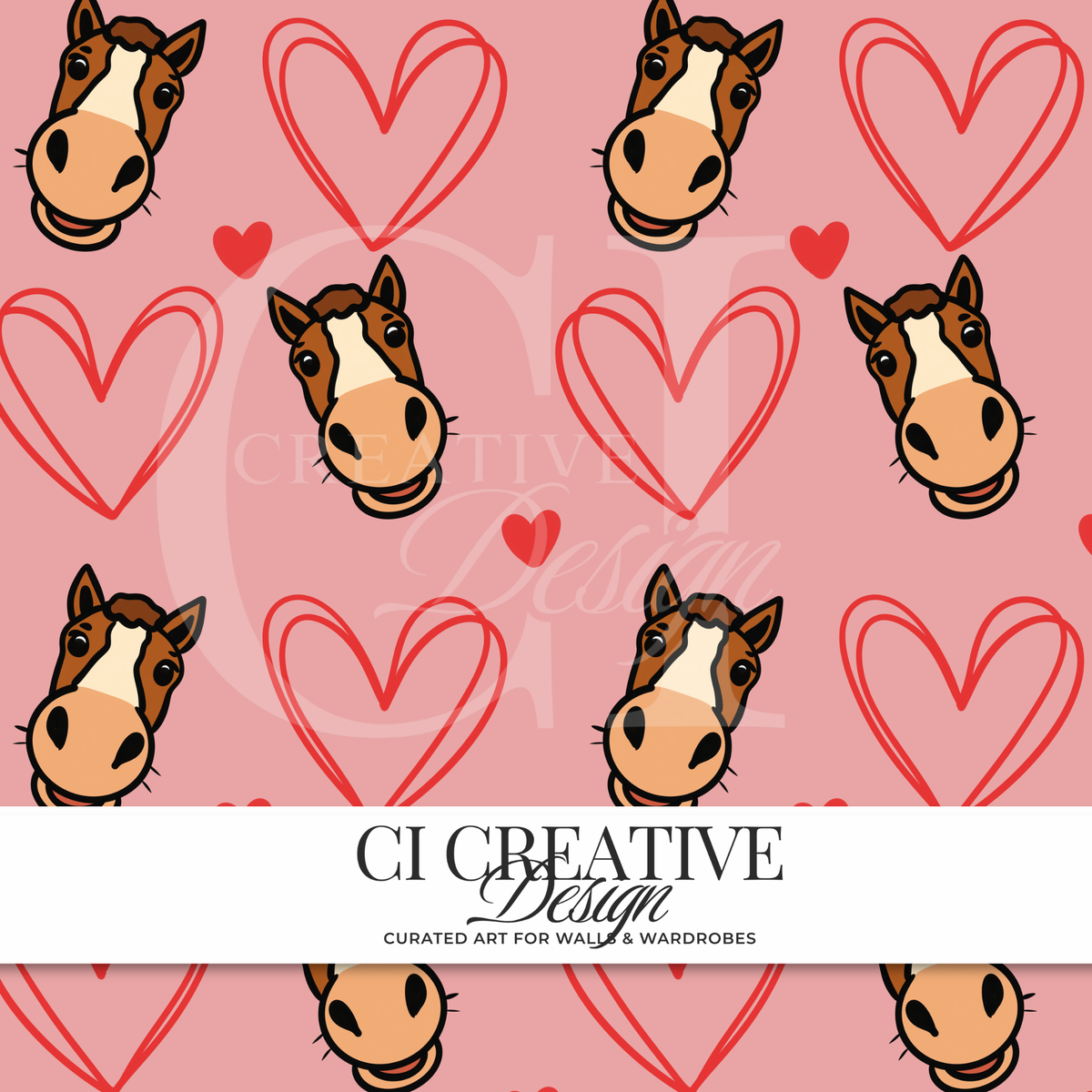 Horse Love Seamless Pattern | Pink Heart Digital Download PNG