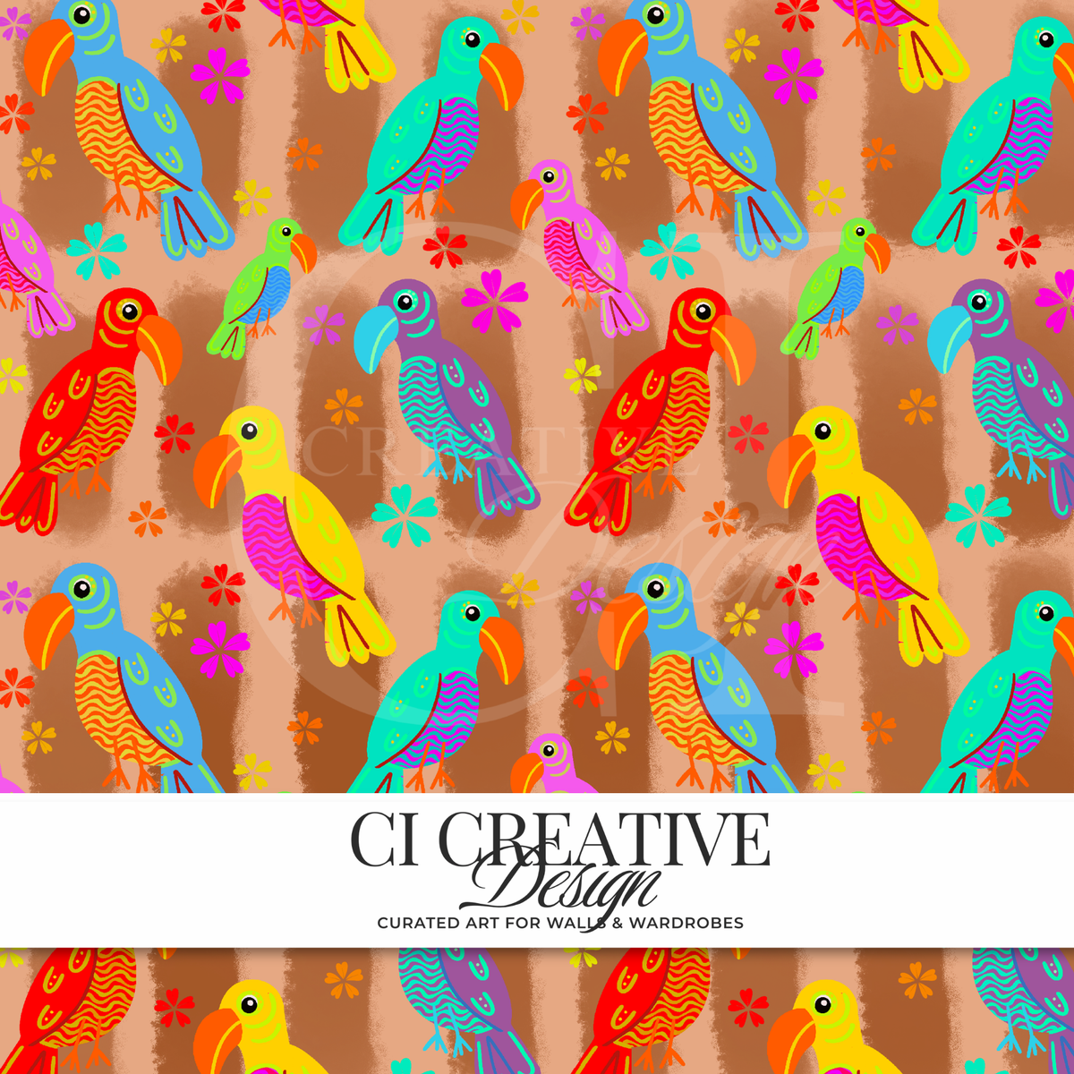 Tiki Birds Seamless Pattern | Tropical Parrot Digital Download PNG
