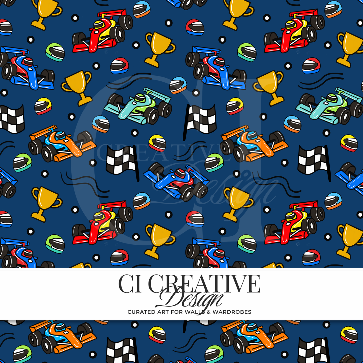 Race Car Seamless Pattern | Trophy & Checkered Flag Digital Download PNG Blue