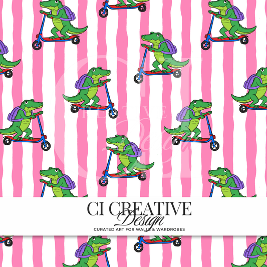 See Ya Later Alligator Seamless Pattern | Back to School Crocodile Scooter Digital PNG | Kids Repeating Pattern