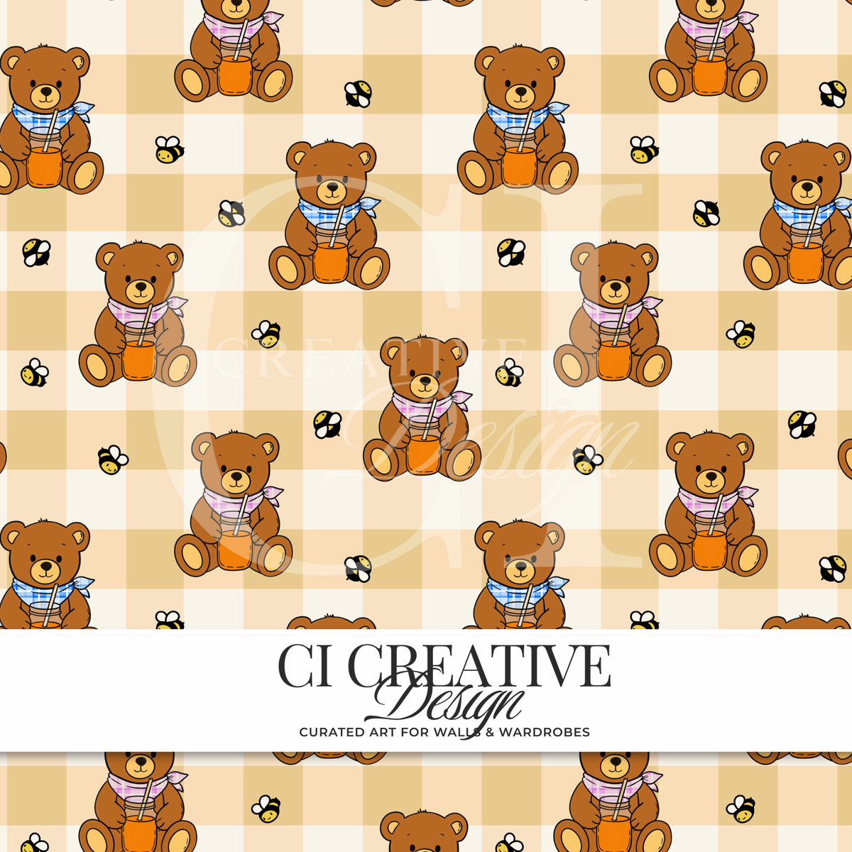 Honey Bear Picnic Seamless Pattern | Teddy Bear & Bee Digital PNG | Gingham Bear Pattern Yellow
