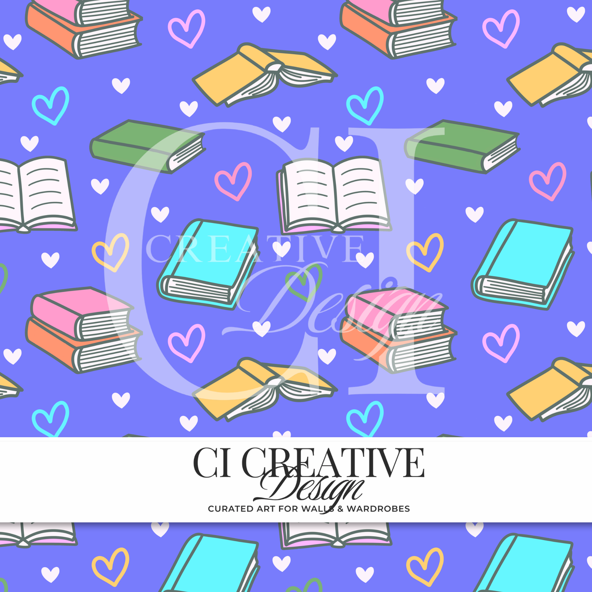 Book Lover Seamless Pattern | Colorful Books & Hearts Digital PNG | Bookish Reading Pattern Purple