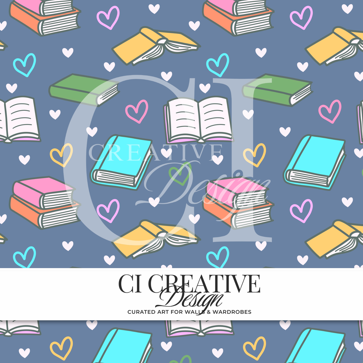 Book Lover Seamless Pattern | Colorful Books & Hearts Digital PNG | Bookish Reading Pattern Blue