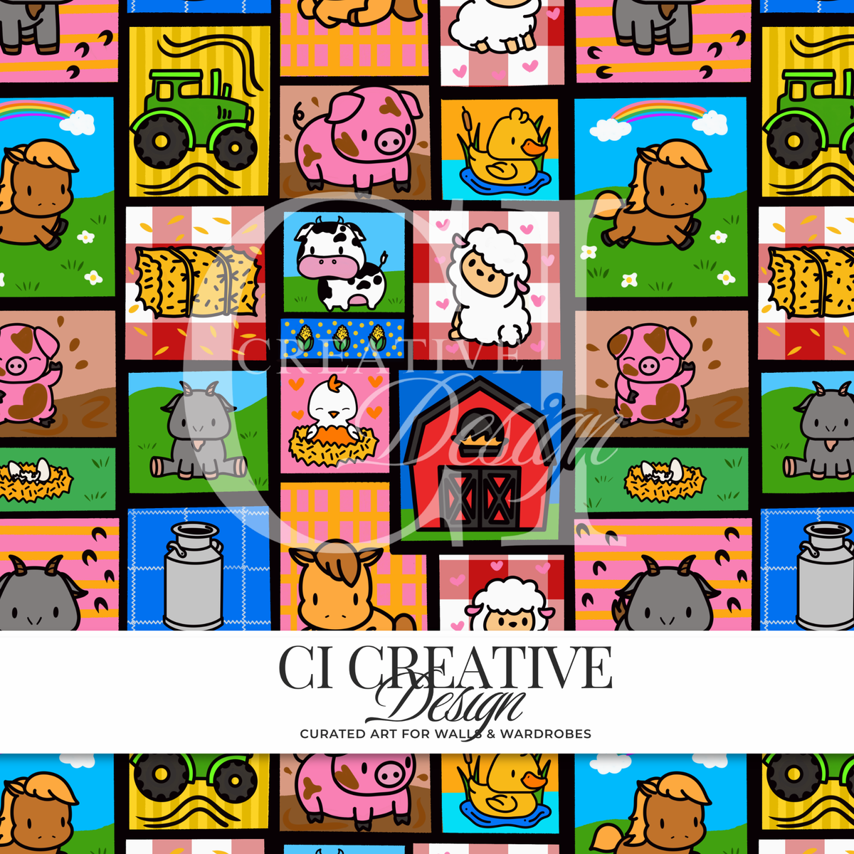 Happy Little Farm Patchwork Seamless Pattern | Farm Animals PNG