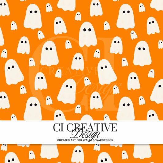Tiny Ghost Orange Seamless Pattern | Kawaii Orange Halloween Ghosts