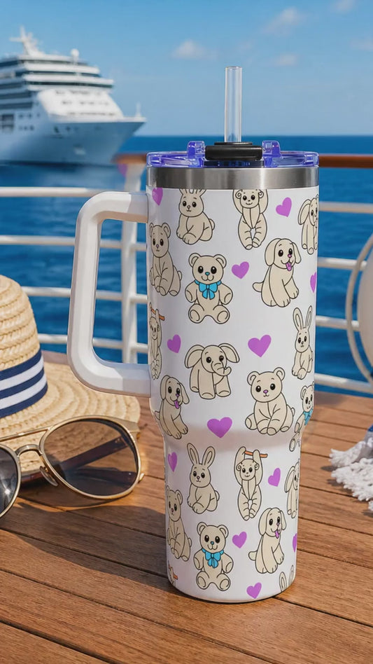 40oz Vacuum Insulated Tumbler With Hand Drawn Cruise Towel Animal Pattern